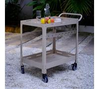 casa.pro Chariot de Service d'Extérieur Desserte avec 2 Plateaux 4 roulettes 2 Freins d'Arrêt 5 Crochets Rangement pour Jardin Terrasse Acier Laqué 72 x 77 x 38 cm Champagne