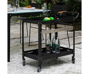 casa.pro Chariot de Service d'Extérieur Desserte avec 2 Plateaux 4 roulettes 2 Freins d'Arrêt 5 Crochets Rangement pour Jardin Terrasse Acier Laqué 72 x 77 x 38 cm Noir