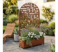 casa.pro Cloison avec Jardinière Bernalda Forme d'arc 190x120x38 cm Marron | bac à fleurs résistant, protection contre les regards, séparateur avec roulettes, freins de blocage