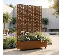 casa.pro Cloison de Séparation Aaskis 190 x 120 x 38 cm avec Bac à Fleurs Paravent Clôture avec Jardinière pour Extérieur Intérieur Jardin Terrasse Brise-Vue sur 4 roulettes Acier Galvanisé Marron