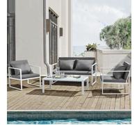 [casa.pro]® Salon de jardin Ensemble de jardin Table basse avec canapé et chaises extérieure Métal Verre Polyester Blanc