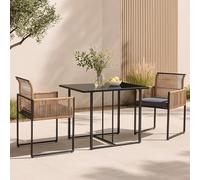 casa.pro Set de Bistrot 3 Pièces avec Table à Manger et 2 Chaises avec Coussins Ensemble de Meubles de Jardin Acier Laqué Verre Trempé de 5 mm Polyéthylène Polyester Noir Marron Gris