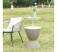 casa.pro Table Glacière avec Plateau Relevable Table de Jardin avec Bassine à Glaçons 30L Boissons Fraîches Hauteur Réglable Plastique Aluminium Ø 49 cm Marron Clair Effet Rotin