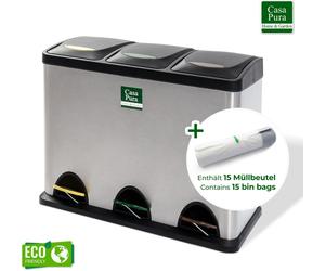 Casa Pura Poubelle de cuisine, système de tri Brandon à 3 compartiments, poubelle en acier inoxydable, marquages de couleur pour le tri des déchets - 3x 8 L – 24 L, sacs poubelle inclus