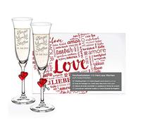 Casa Vivente Drap Nuptial à Découper et 2 Flûtes à Champagne Personnalisées, Cœur Rouge de Mots Love, Gravure Noms et Date, Motif Tourtereaux