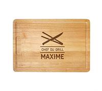 Casa Vivente Planche à découper avec Gravure, Chef du Grill, avec Gravure personnalisé du Nom, Motif : Couteau et Pince à Barbecue, Planche à Cuisine en Bois pour grillades