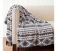 CASAAGUSTO Couverture bohème - Couvertures décoratives Noires et Blanches avec Pompons, Couverture en Flanelle imprimée bohème pour Chaise, lit, Sofa, canapé (127 x 152,4 cm, Noir et Blanc)