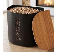 CASABEL Réservoir Pellets & Granulés avec Roulettes, Cap. 30kg, Motif Arbre | Bac à Granulés design, Métal Noir, Couvercle Bambou, Rangement Pellets pour Poêle, Grande Capacité, Niveau Visible