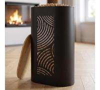 CASABEL Réservoir Pellets & Granulés, Niveau Visible, Cap. 15kg, Motif Zen | Bac à Granulés design en Métal Noir avec Couvercle Bambou, Rangement Pellets pour Poêle, Grande Capacité, Compact et Durable