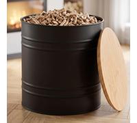 CASABEL Réservoir Pellets & Granulés Rond, Cap. 15kg, Couvercle Bambou | Bac à Pellets design, Métal Noir, Couvercle Bambou, Rangement Pellets pour Poêle, Grande Capacité, Rond Compact, Durable