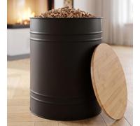 CASABEL Réservoir Pellets & Granulés Rond, Cap. 30kg, Couvercle Bambou | Bac à Pellets design, Métal Noir, Couvercle Bambou, Rangement Pellets pour Poêle, Grande Capacité, Rond Compact, Durable