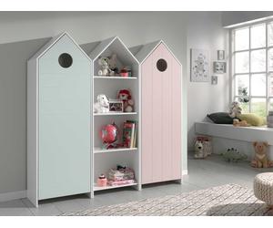 CASAMI Set 3 pcs. composé de : Armoire 1 porte avec façade en rose, armoire à étagères, armoire 1 porte avec façade en menthe