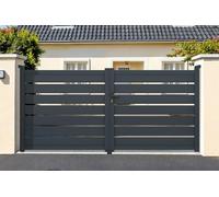 Casanoov Portail Battant Aluminium VOGEL 350 x 143 cm 3,5 m x 1,43 m 5,01 m² Gris Anthracite RAL 7016 Ajouré Lames Horizontales Pour Zone Ventée 60 km/h Avec Serrure 5 Clefs Gonds Roulement À Billes