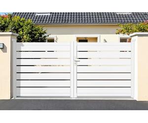 CASANOOV Portail Battant Aluminium VOGEL 3m H140cm Blanc - Jardin Ajouré Double Vantaux Aluminium - Résistant Vent Anticorrosion - Portail Extérieur Élégant Kit Complet