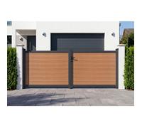 Casanoov portail bois composite battant 3,5m athos h.140cm teck avec cadre aluminium + portillon composite athos 1m h.140cm