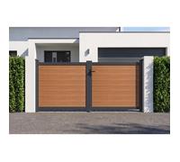 Casanoov portail bois composite battant 3m athos h.140cm teck avec cadre aluminium + portillon composite athos 1m h.140cm