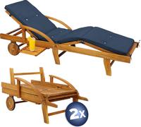 CASARIA® 2x Bain de soleil en bois d'acacia avec coussin housse bleu inclus jardin balcon exterieur chaise longue ergonomique