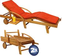 CASARIA® 2x Bain de soleil en bois d'acacia avec coussin housse orange inclus jardin balcon exterieur chaise longue ergonomique