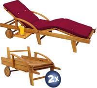 CASARIA® 2x Bain de soleil en bois d'acacia avec coussin housse rouge inclus jardin balcon exterieur chaise longue ergonomique