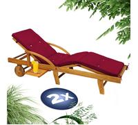 CASARIA® 2x Bain de soleil en bois d'acacia avec coussin housse rouge inclus jardin balcon exterieur chaise longue ergonomique