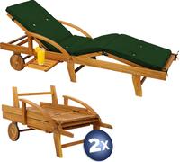 CASARIA® 2x Bain de soleil en bois d'acacia avec coussin housse vert inclus jardin balcon exterieur chaise longue ergonomique