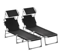 Casaria 2X Chaise Longue Pliable Hawaii Anthracite transat avec Pare-Soleil Bain de Soleil pour Plage Jardin Camping Transport