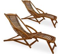 CASARIA® 2x Chaises longues en bois d'acacia Bain de soleil ergonomique avec appui tête Transat jardin Repose pieds amovible