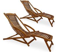 Casaria® 2X Chaises Longues en Bois d'acacia Bain de Soleil Ergonomique avec Appui tête Transat Jardin Repose Pieds Amovible