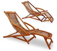 CASARIA® 2x Chaises longues en bois d'acacia Bain de soleil ergonomique avec appui tête Transat jardin Repose pieds amovible