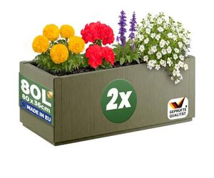 Casaria® 2X Jardinière Ethica Vert Olive 80x36x36cm 80L Résistante Fond d'écoulement - Bac à Fleurs Pot de Fleurs Jardin Balcon