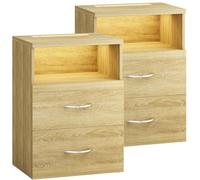 Casaria® 2X Table de Nuit avec éclairage LED Touch Chêne 40x28x55cm en Bois 2 tiroirs Table de Chevet Chambre à Coucher