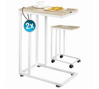 CASARIA® 2x Tables d'appoint bout de canapé avec roulettes Cadre en métal blanc Desserte de lit Support ordinateur portable