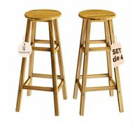 CASARIA® 4x Tabourets de bar chaises hautes bois d'acacia assise ronde avec repose-pieds hauteur 75 cm style rustique
