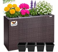CASARIA Bac à Fleurs en Polyrotin Brun | Jardinière, 4 Pots amovibles, Balconnière Vertical, Plantes intérieur extérieur pour Jardin, Balcon, Terrasse, 95x27x60cm