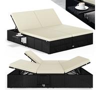 CASARIA® Bain de Soleil Double en Polyrotin Noir avec Coussins Creme Salon de Jardin Exterieur Design pour Terrasse ou Piscine Hors Sol et Salon de Jardin Contemporain