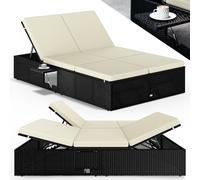CASARIA® Bain de Soleil Double en Polyrotin Noir avec Coussins Creme Salon de Jardin Exterieur Design pour Terrasse ou Piscine Hors Sol et Salon de Jardin Contemporain