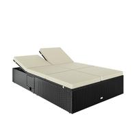 CASARIA Chaise longue double noir/crème extrémités réglables bain de soleil 2 personnes polyrotin chaise d’extérieur