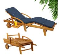 CASARIA® Bain de soleil en bois d'acacia avec coussin housse bleu inclus jardin balcon exterieur chaise longue ergonomique