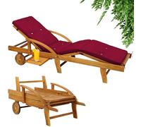 CASARIA® Bain de soleil en bois d'acacia avec coussin housse rouge inclus jardin balcon exterieur chaise longue ergonomique