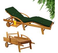 CASARIA® Bain de soleil en bois d'acacia avec coussin housse verte inclus jardin balcon exterieur chaise longue ergonomique