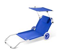 Casaria Chaise Longue de Plage Crête Bleu transat Pliable Chariot de Transport avec Pare Soleil réglable Camping Voyage