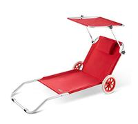 Casaria Chaise Longue de Plage Crête Rouge transat Pliable Chariot de Transport avec Pare Soleil réglable Camping Voyage