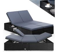 CASARIA Chaise longue double noir/anthracite extrémités réglables bain de soleil 2 places polyrotin chaise d’extérieur