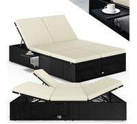 CASARIA Chaise longue double noir/crème extrémités réglables bain de soleil 2 personnes polyrotin chaise d’extérieur