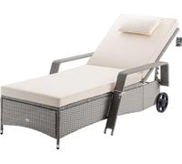 Casaria® Chaise longue en polyrotin Beige coussin 7cm 2 roulettes Max 160kg Dossier réglable Bain de soleil jardin