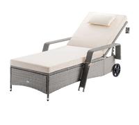 Casaria® Chaise longue en polyrotin Beige coussin 7cm 2 roulettes Max 160kg Dossier réglable Bain de soleil jardin