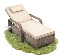 Casaria® Chaise longue en polyrotin Beige coussin 7cm 2 roulettes Max 160kg Dossier réglable Bain de soleil jardin