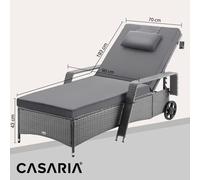 Casaria® Chaise longue en polyrotin Gris Anthracite coussin 7cm 2 roulettes Max 160kg Dossier réglable Bain de soleil jardin