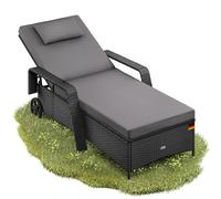 Casaria® Chaise Longue en polyrotin Noir Anthracite Coussin 7cm 2 roulettes Max 160kg Dossier réglable Bain de Soleil Jardin