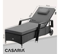 Casaria® Chaise longue en polyrotin Noir Anthracite coussin 7cm 2 roulettes Max 160kg Dossier réglable Bain de soleil jardin